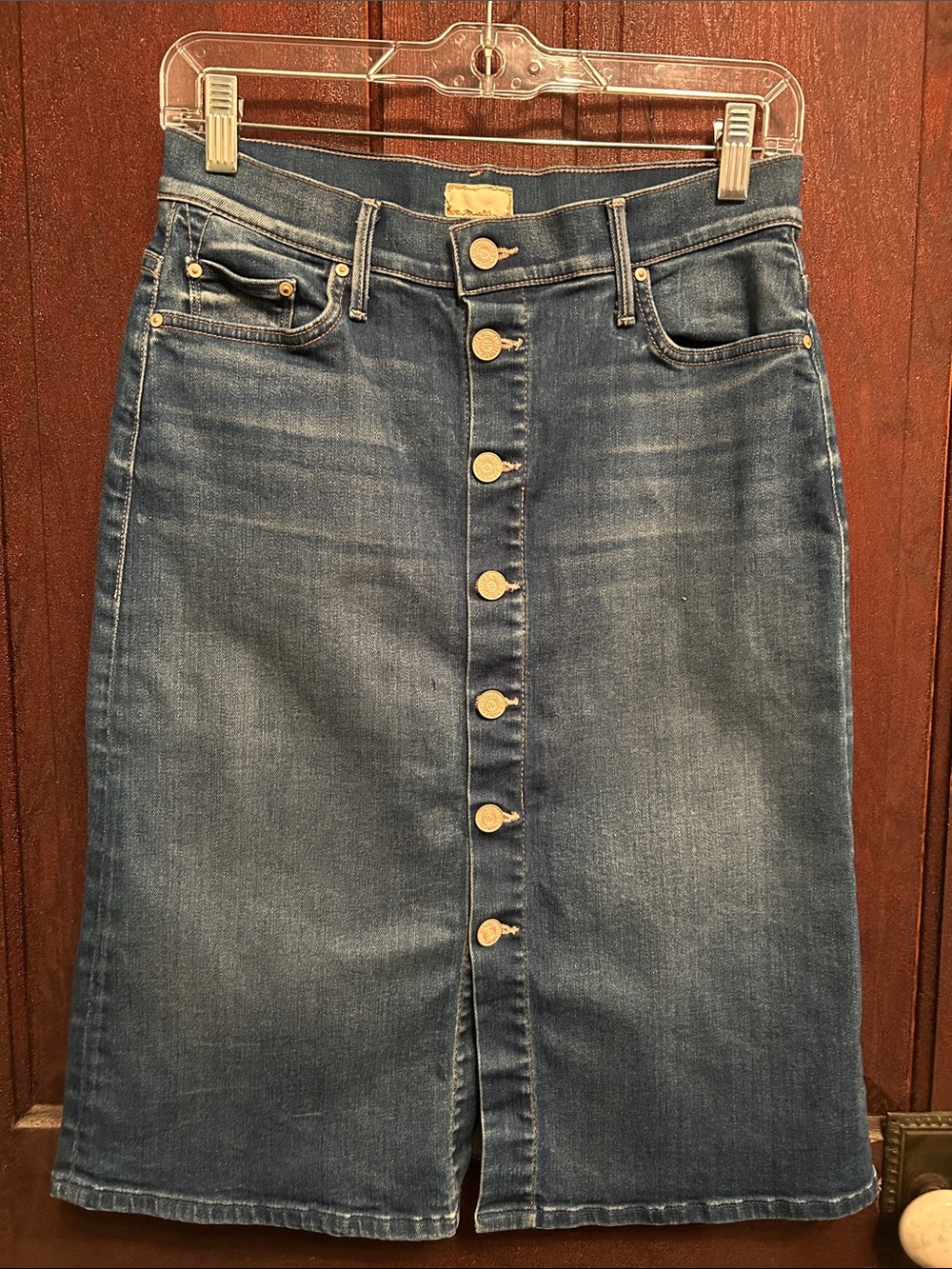 MOTHER Button-Front Straight  Jeans Stretch Denim High Waist Skirt in Blue. 29”